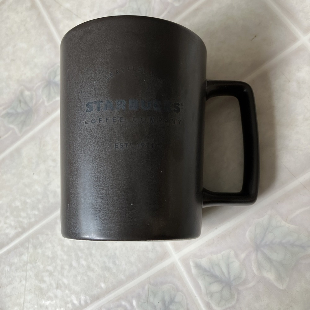 Starbucks 16oz Coffee Mug Matte Dark Brown w/‎ Dark Lettering 2016 Square Handle
